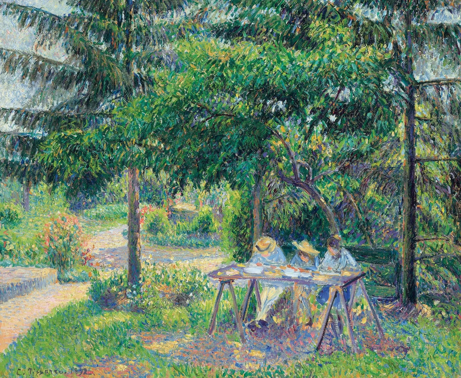 Børn siddende ved et bord i haven, Éragny - Camille Pissarro