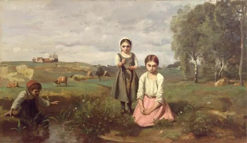 Børn ved bredden af en bæk i landskabet ved Lormes - Jean-Baptiste Camille Corot