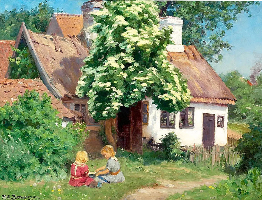 Børn der leger foran en gård. - H. A. Brendekilde
