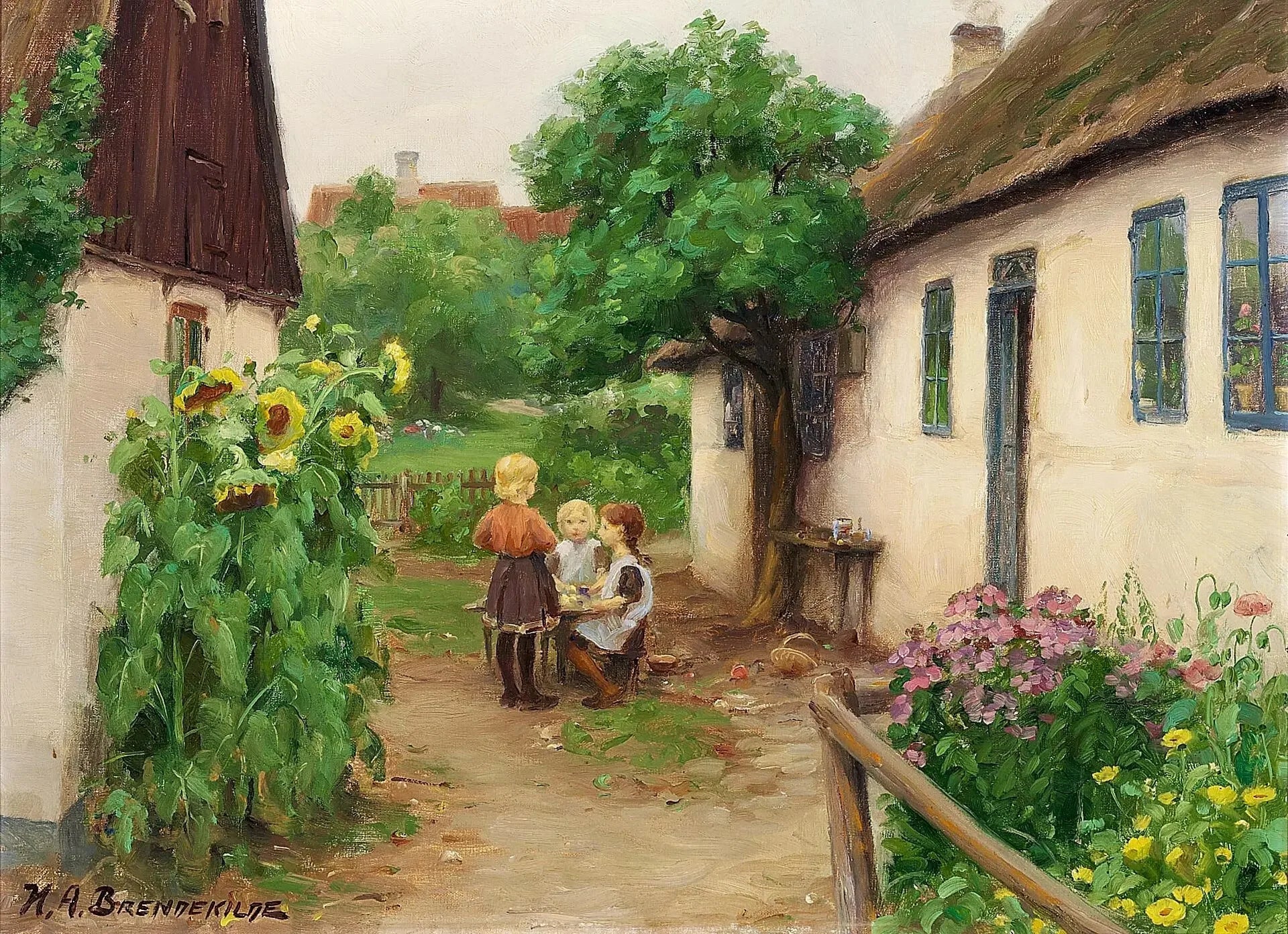 Enfants jouant près d'une ferme, à gauche des tournesols en fleurs. - H. A. Brendekilde image 1 copie peinte à la main à l’huile