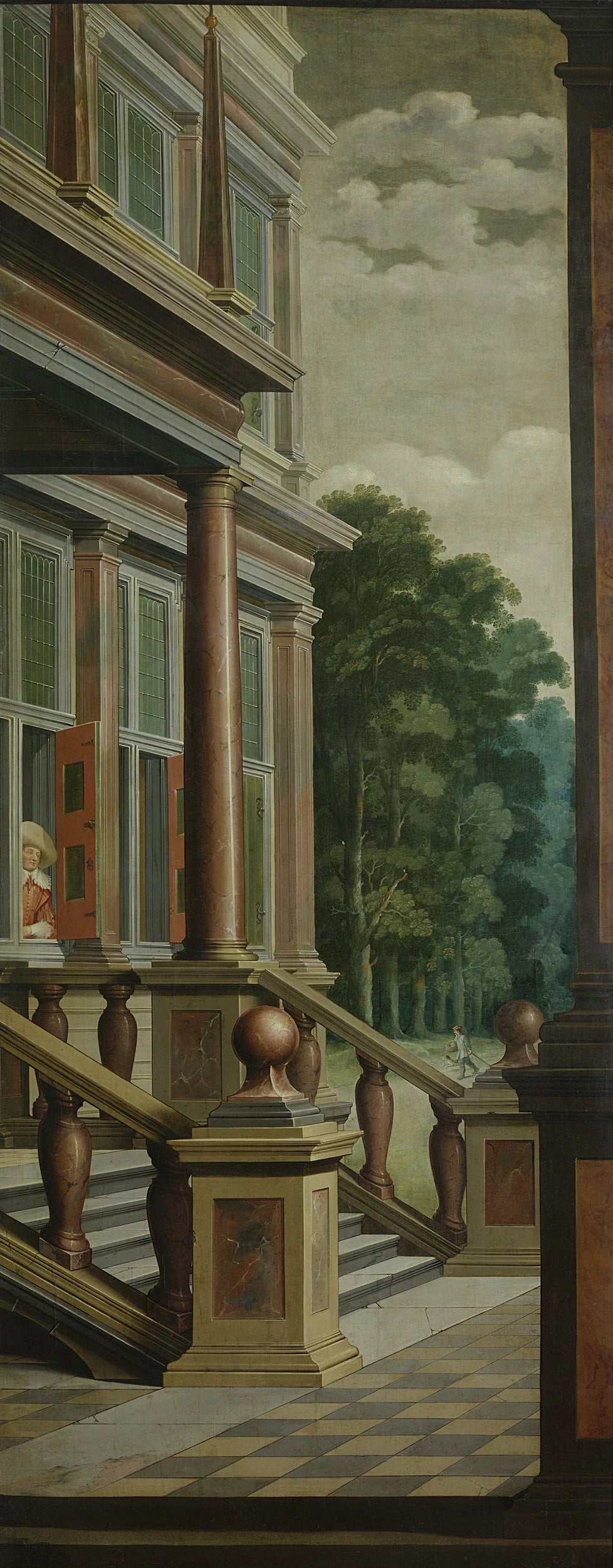 Un escalier extérieur (moitié droite de la photo). Partie d'une peinture de salle en sept parties. - Dirk van Delen