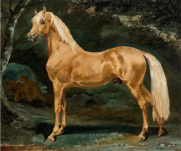 Arabisk palomino hingst skræmt af to vilde dyr - Théodore Géricault
