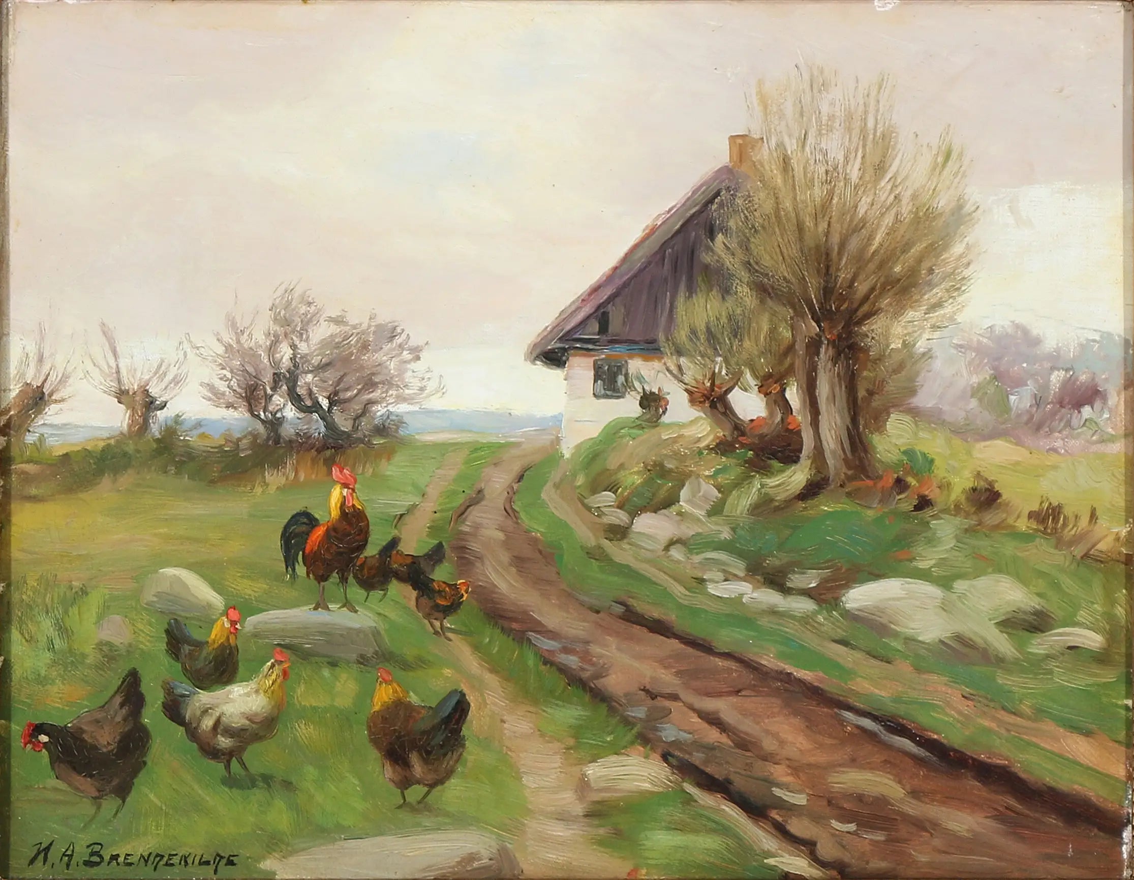 Extérieur de la ferme avec des poules - H. A. Brendekilde - Alpha Reproduction