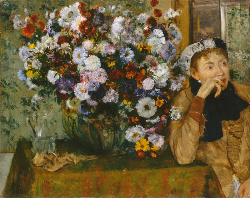 Kvinde siddende ved siden af en vase med blomster - Edgar Degas