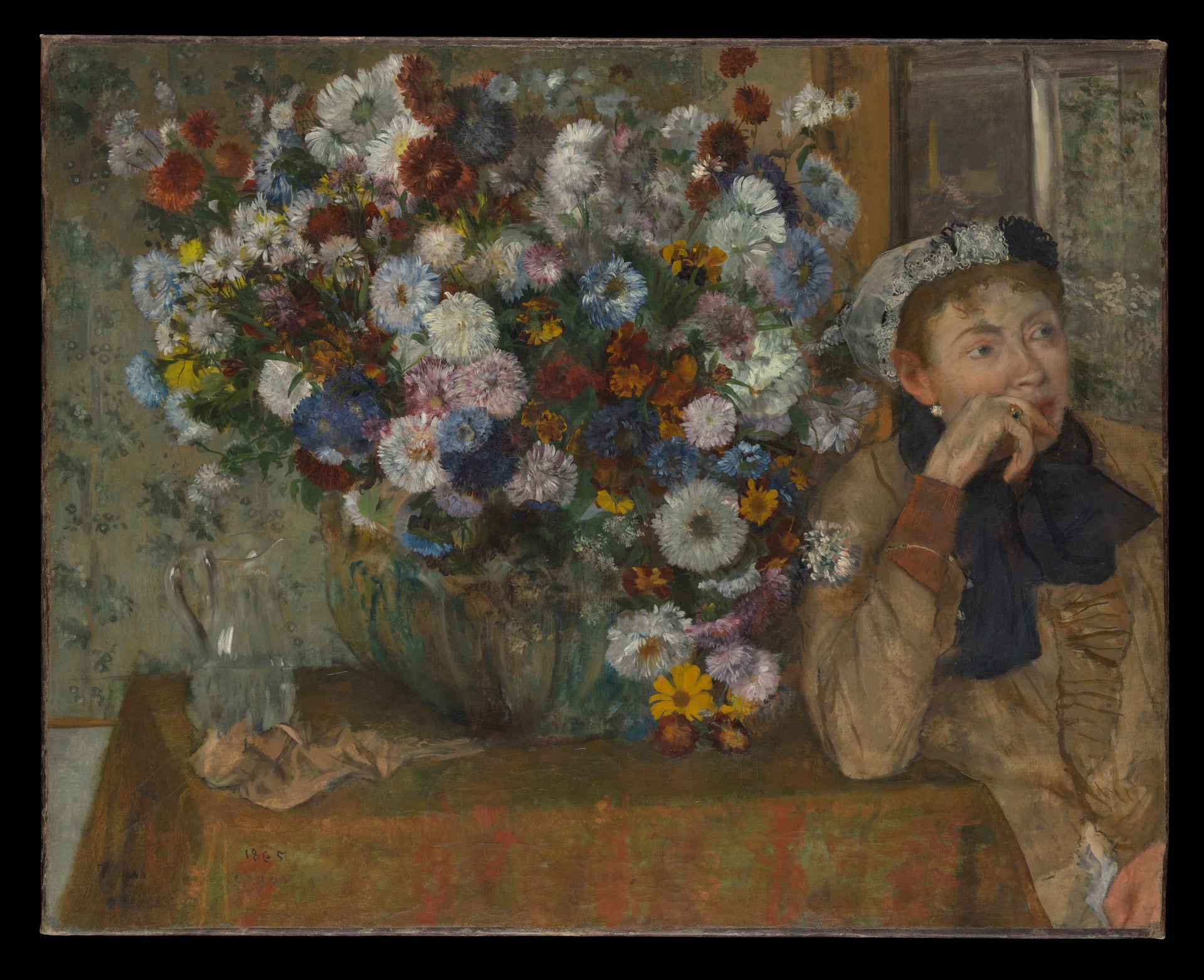 Une femme assise à côté d'un vase de fleurs (Madame Paul Valpinçon ?) - Edgar Degas