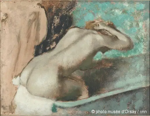 Kvinde siddende på kanten af et badekar og tørrer sin hals - Edgar Degas