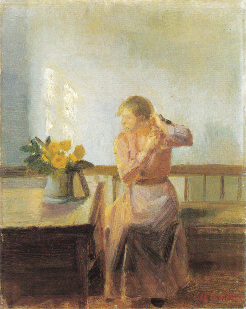 Kvinde sidder og fletter sit hår - Anna Ancher