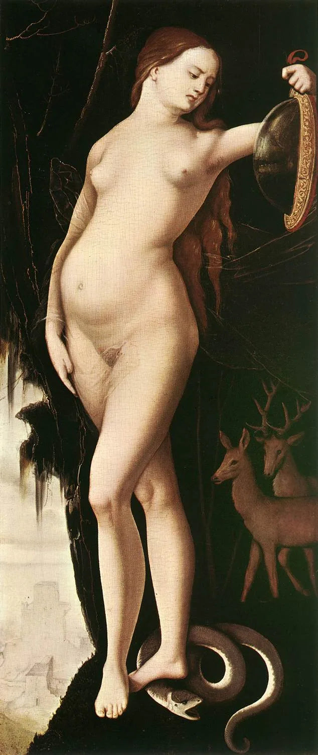 Kvinde med spejl, slange, hjort og hund - Hans Baldung Grien