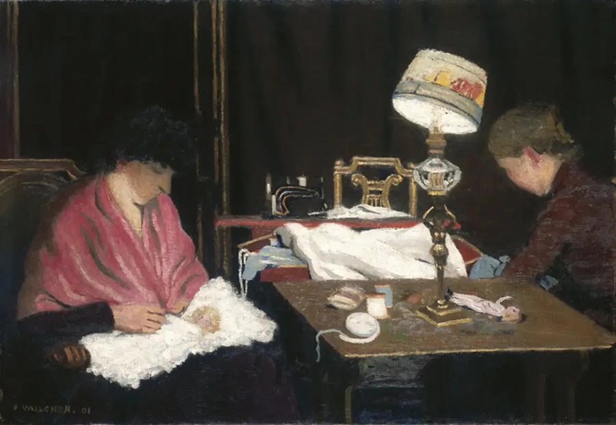 Kvinde, lyserødt sjal, fætter ved lampen - Félix Vallotton