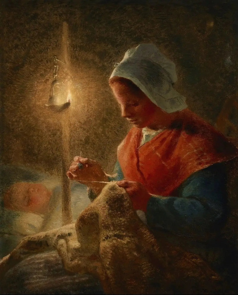 Kvinde syer ved lampe lyset - Jean-François Millet