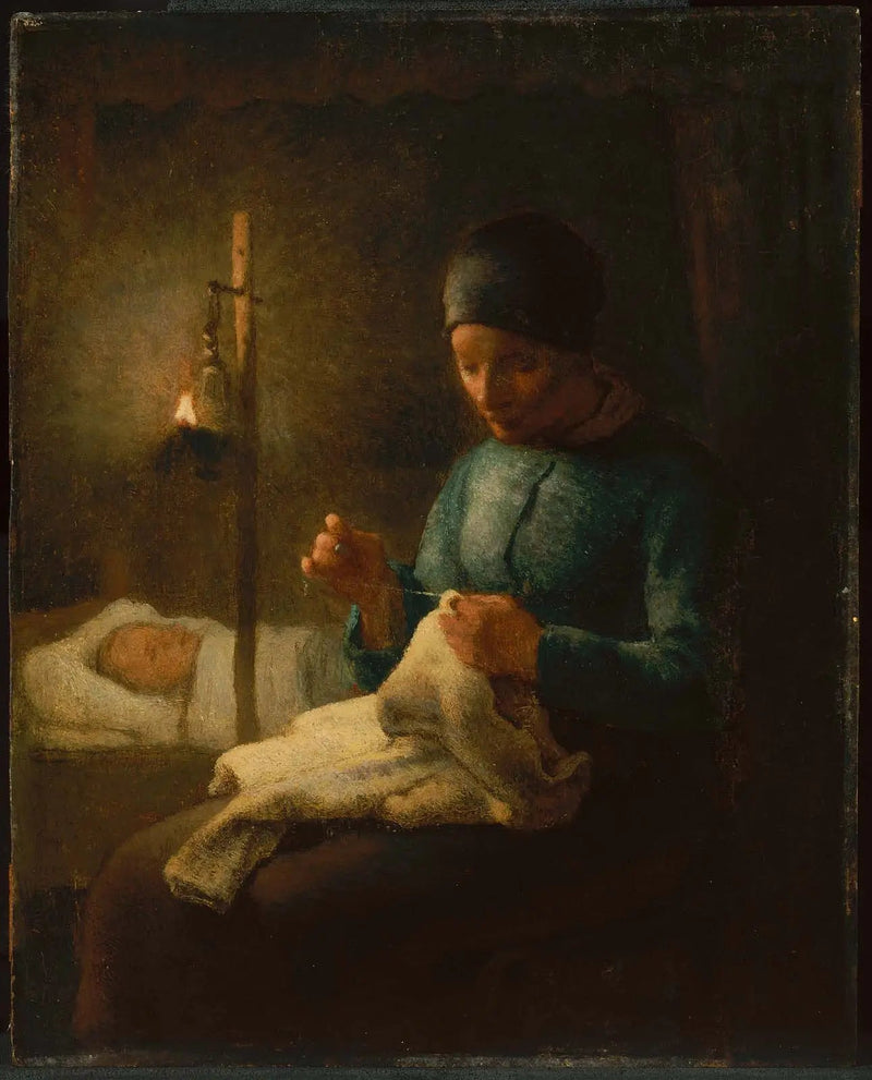 Kvinde der syr ved siden af sit sovende barn - Jean-François Millet