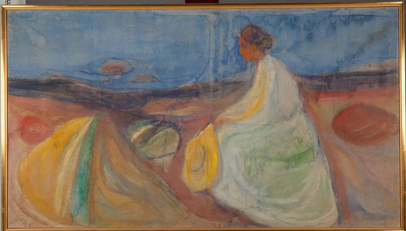 Kvinde i hvidt siddende på stranden - Edvard Munch