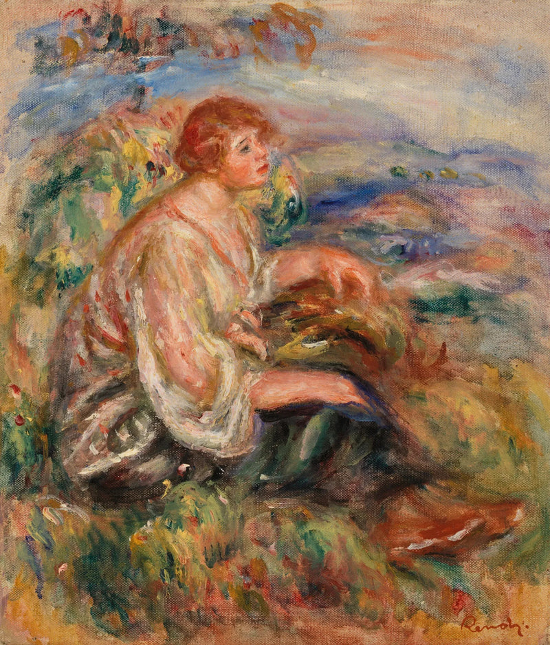 Kvinde i bluse af tyl og sort nederdel i et landskab - Pierre-Auguste Renoir