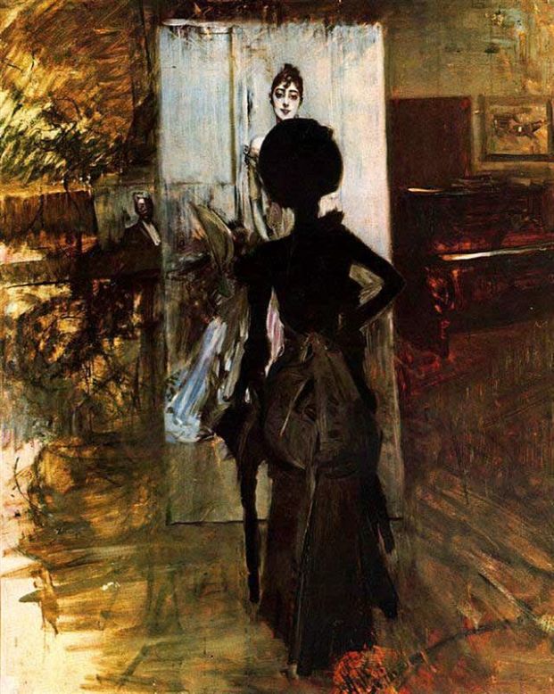 Femme en noir observant le « Pastel blanc » - Giovanni Boldini - Alpha Reproduction