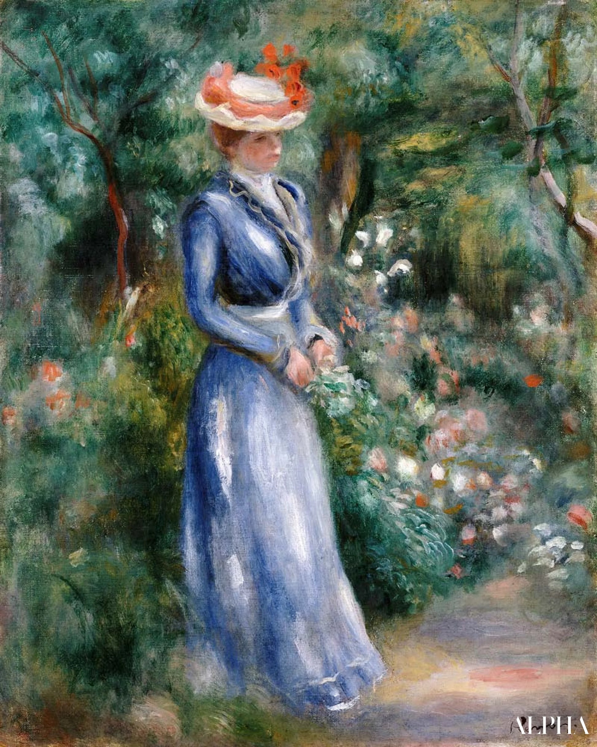 Kvind i blå kjole stående i haven i Saint-Cloud - Pierre-Auguste Renoir - Reproduktioner af malerier og kunstværker i høj kvalitet