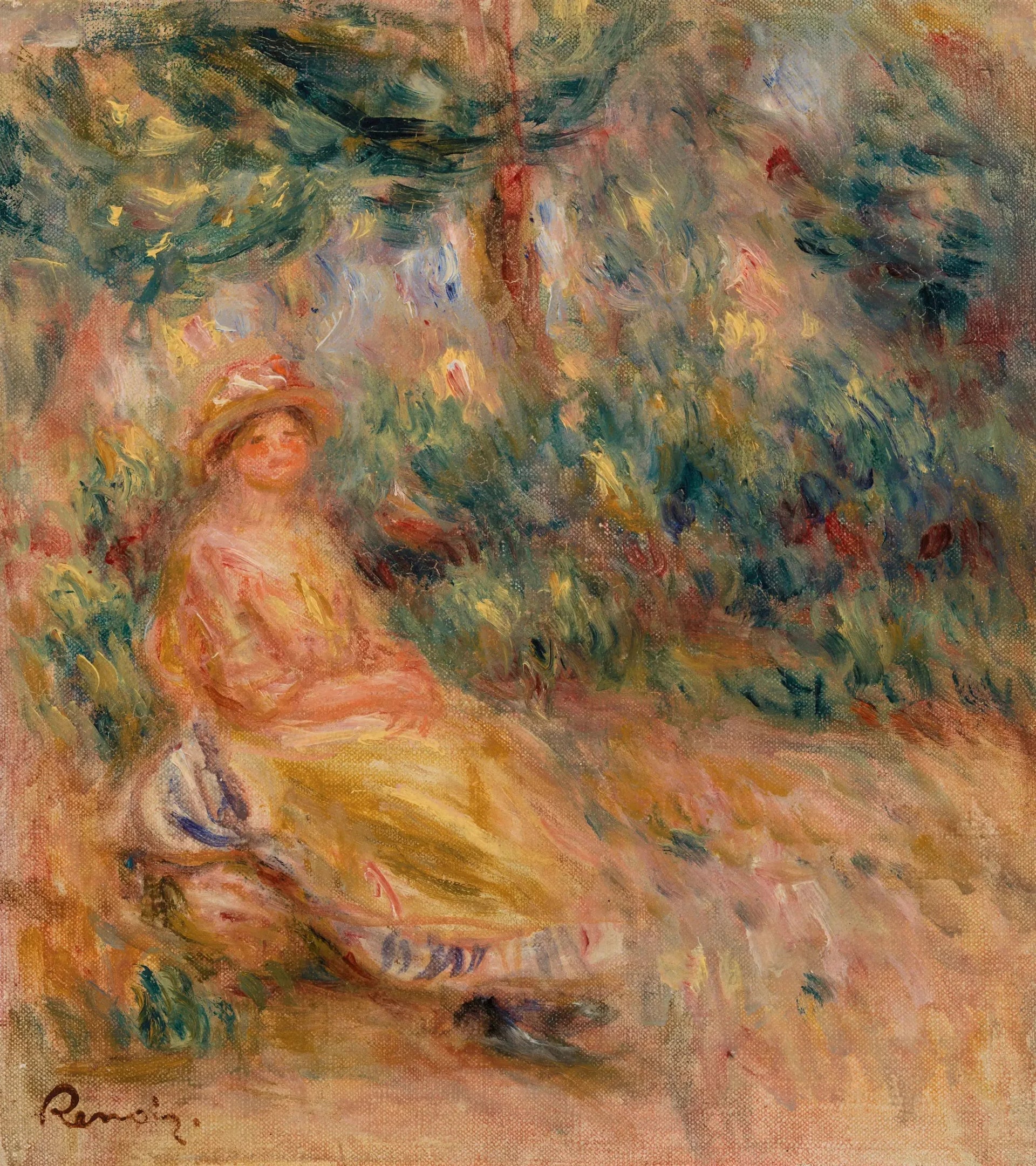 Femme en rose et jaune dans un paysage - Pierre-Auguste Renoir image 1 copie peinte à la main à l’huile