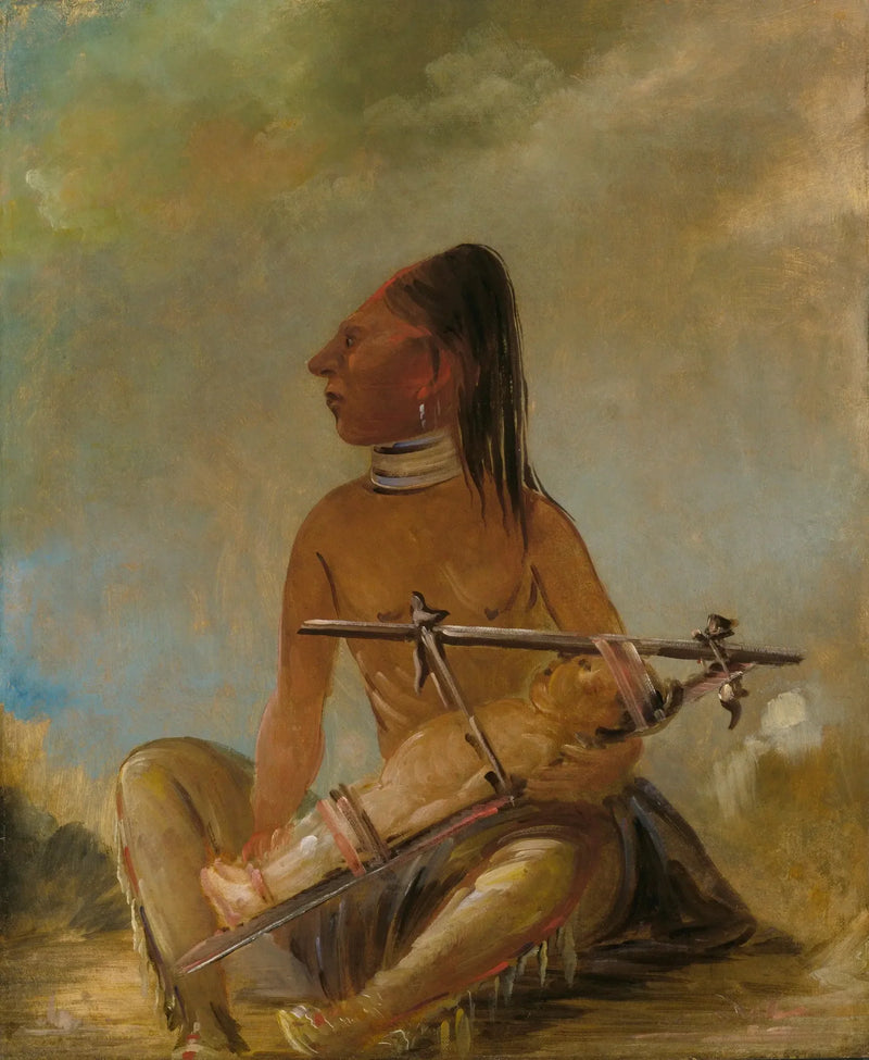 Kvinde og barn, der viser, hvordan børnenes hoveder er fladtrykte - George Catlin