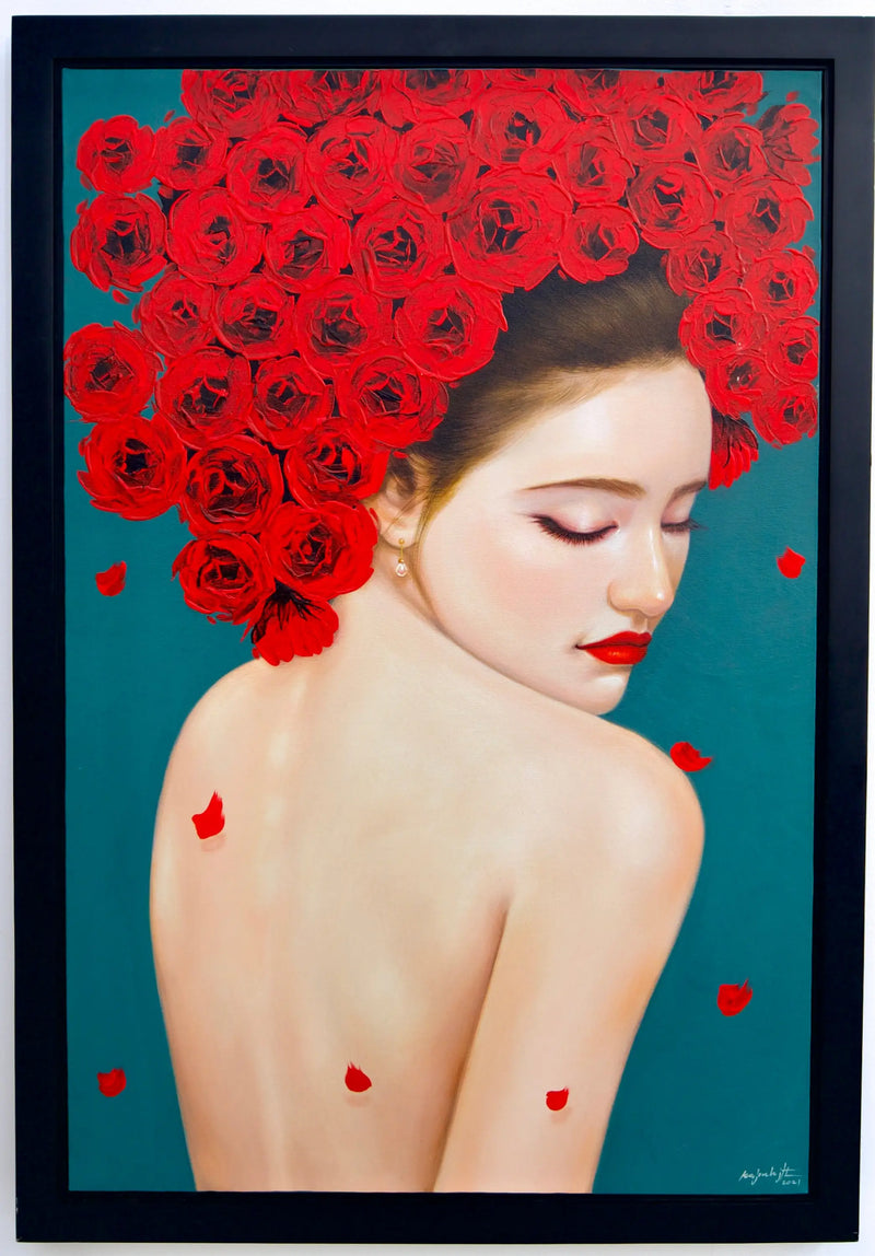 Sårbar Kvinde med Rosen | 60 x 90 cm