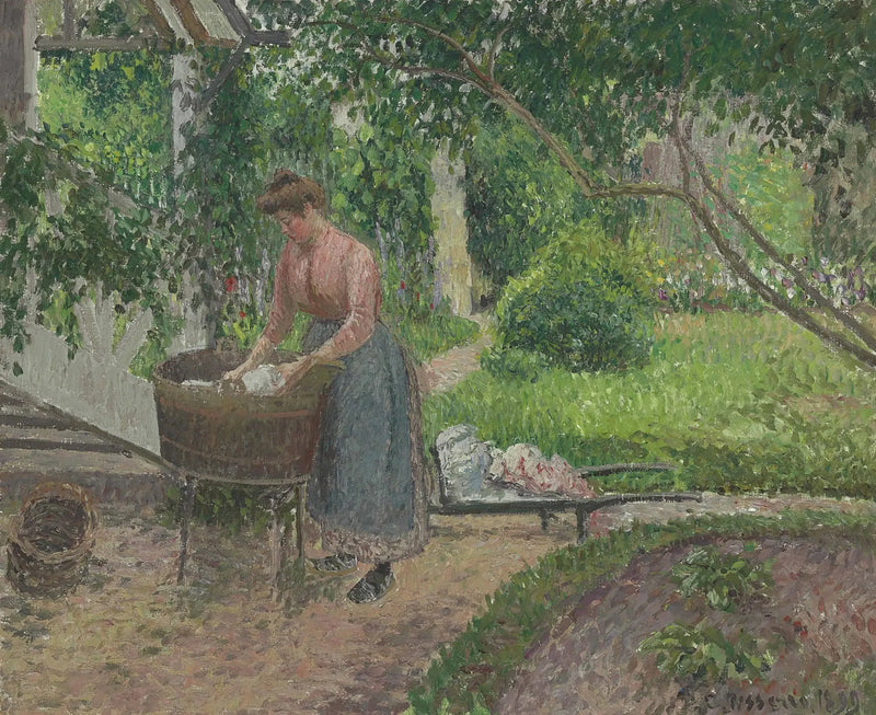 Kvinde, der vasker tøj i haven, Éragny - Camille Pissarro