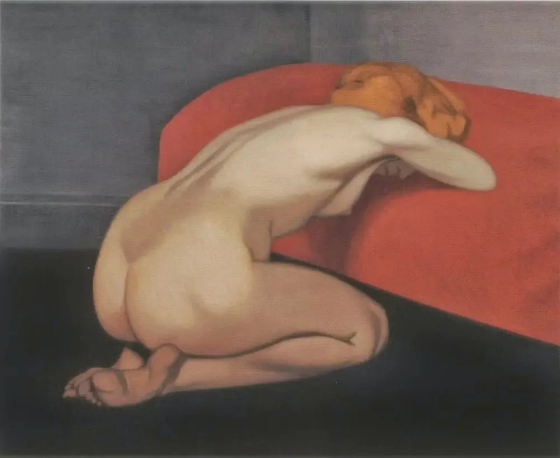 Kvinde i knælende position foran en rød sofa - Félix Vallotton