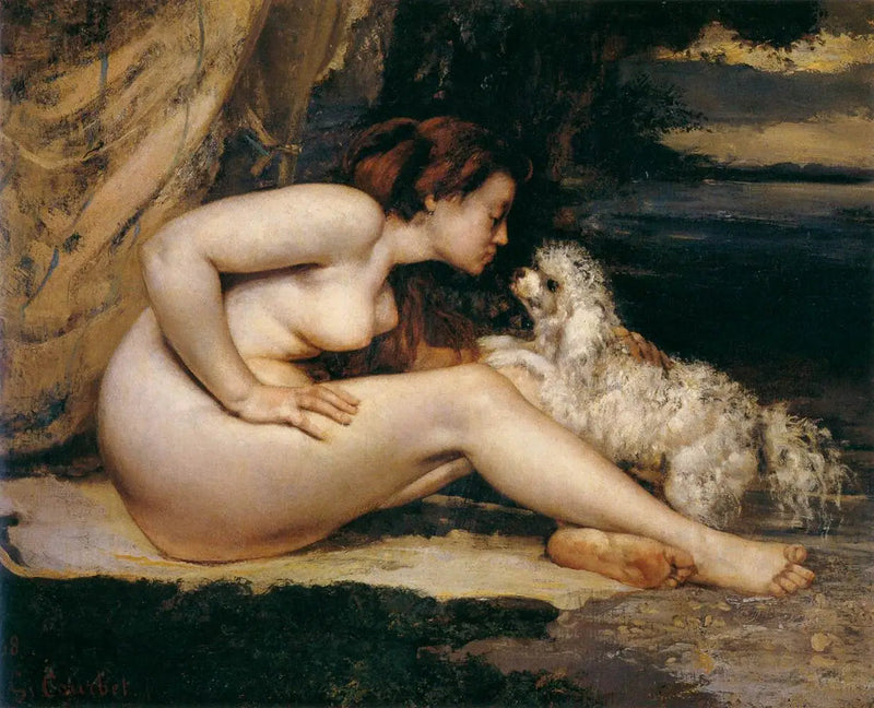 Kvinde uden tøj med hund - Gustave Courbet