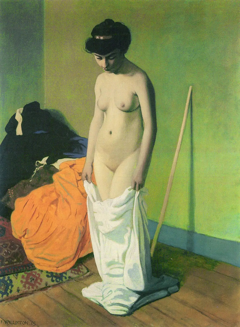 Kvinde stående uden tøj, holder sin skjorte med begge hænder - Félix Vallotton