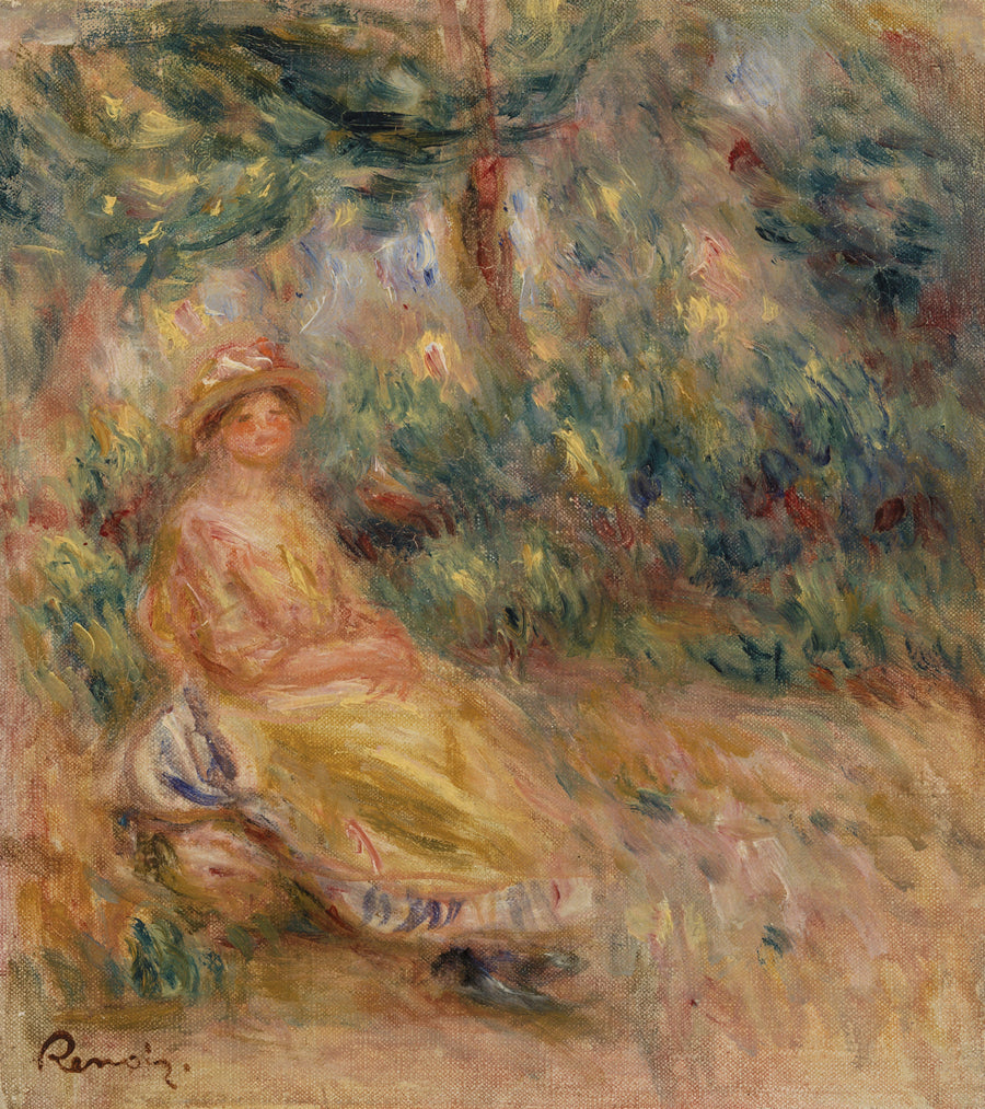 Kvinde i rosa og gul i et landskab - Pierre-Auguste Renoir
