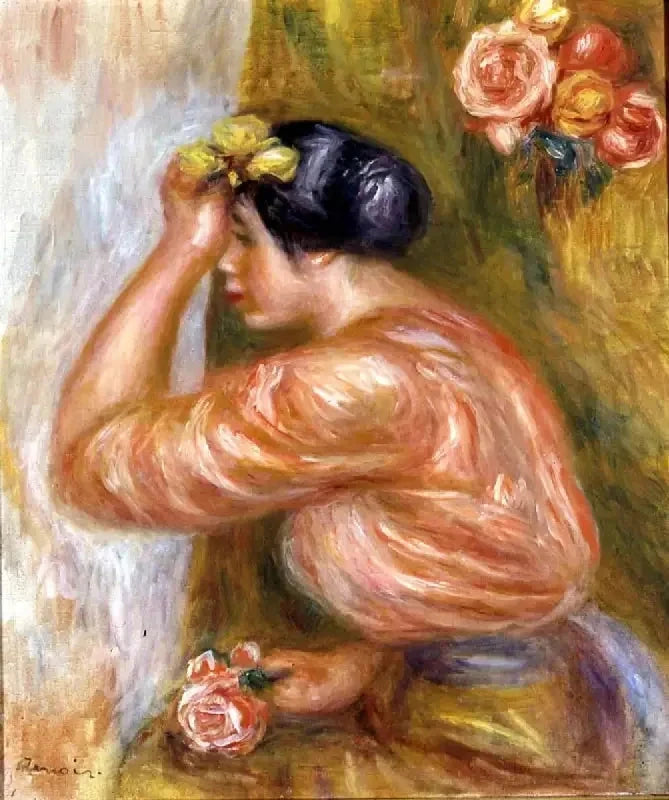 Kvinde med rosen foran spejlet - Pierre-Auguste Renoir