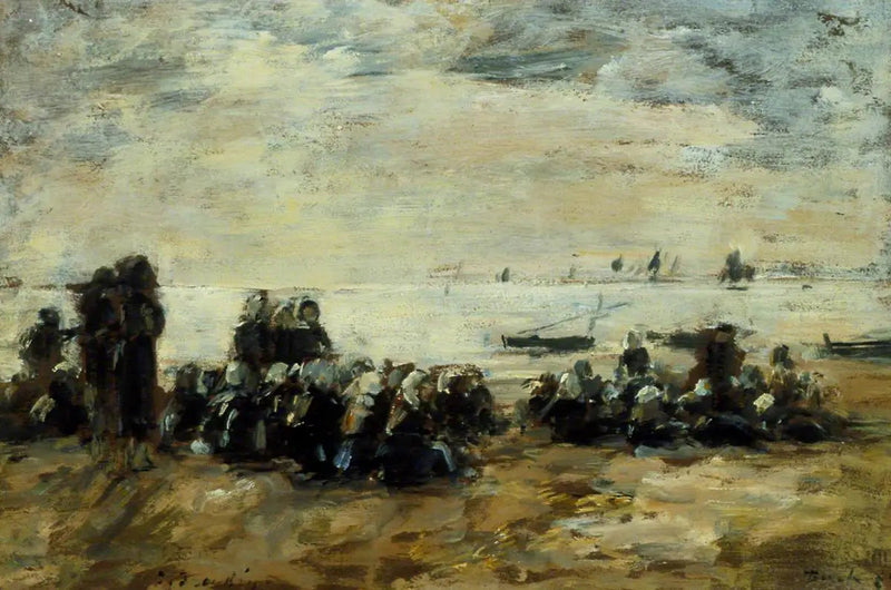 Kvinder, der venter på fiskerbåde på stranden i Berck - Eugène Boudin