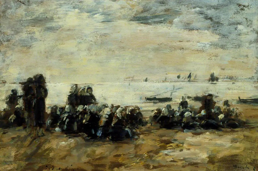 Kvinder, der venter på fiskerbåde på stranden i Berck - Eugène Boudin