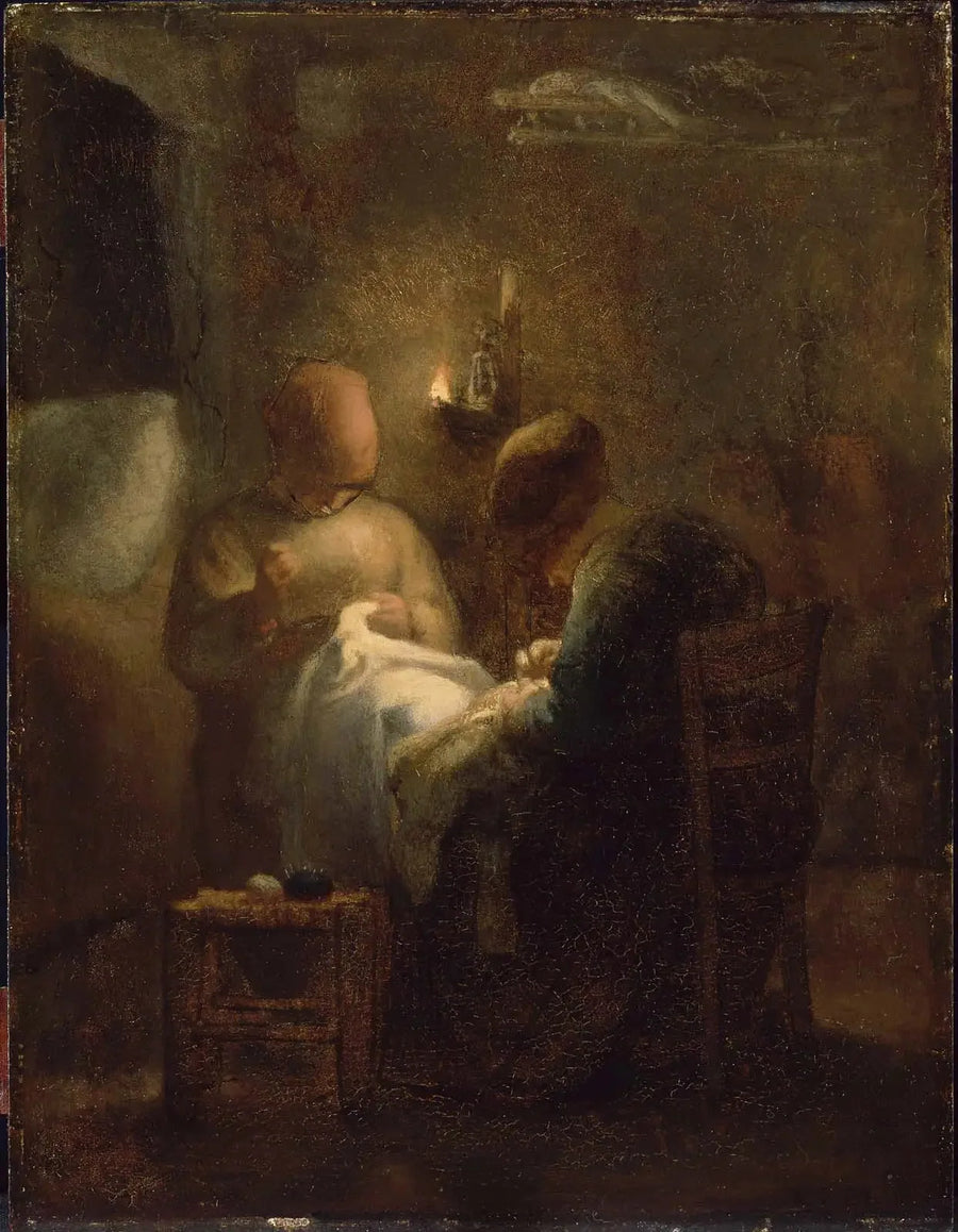Kvinder, der syr ved lyset af en lampe (La Veillée) - Jean-François Millet