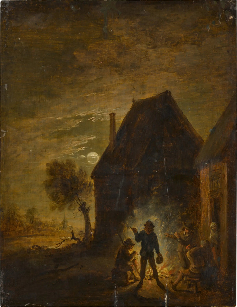 Ferme au clair de lune med figurer omkring et bål - David Teniers le Jeune