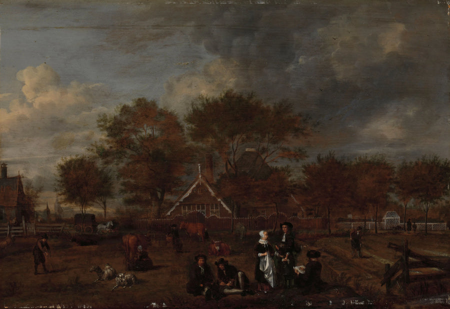 Ferme avec le gentleman farmer avec sa femme et le peintre au premier plan - Jan Pietersz Opperdoes