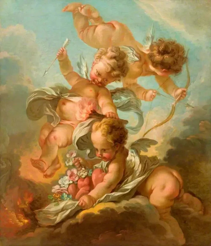 Tændt: Tre putti, der holder en bue og en pil, en tændt fakkel og en kappe med hjerter og blomster - François Boucher