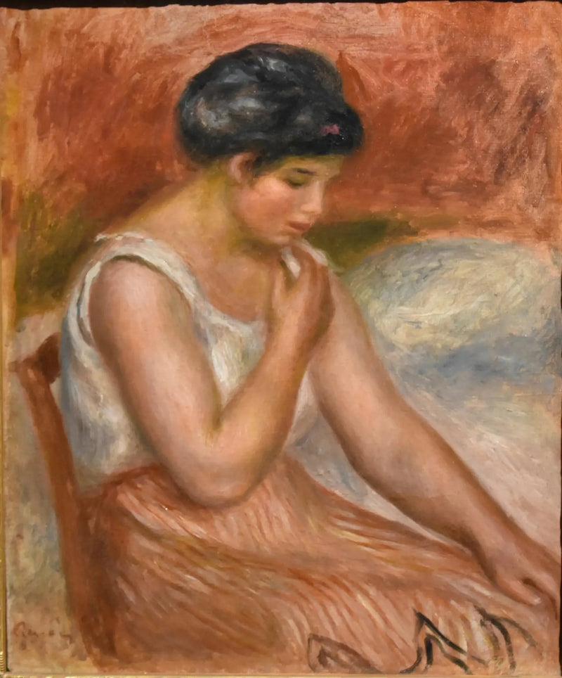 Pige siddende i stribet nederdel - Pierre-Auguste Renoir