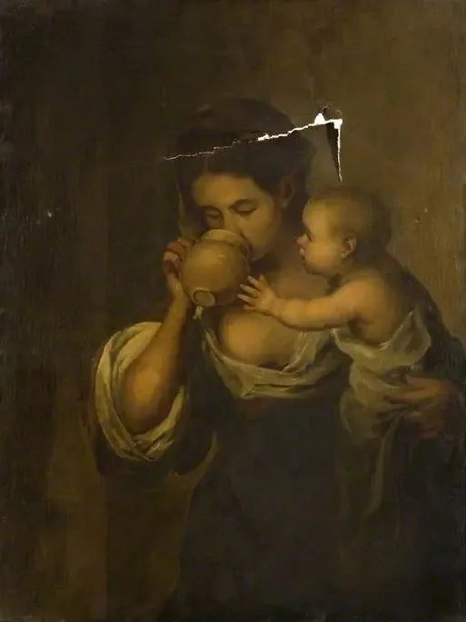 Pige, der drikker med et barn i armene - Bartolomé Esteban Murillo