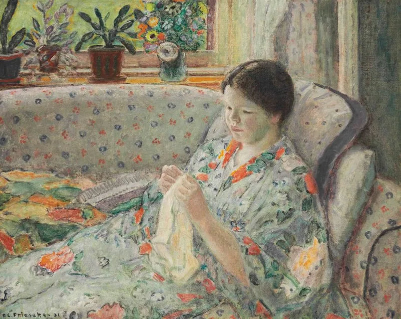 Pige, der syer (den kinesiske kjole) - Frederick Carl Frieseke