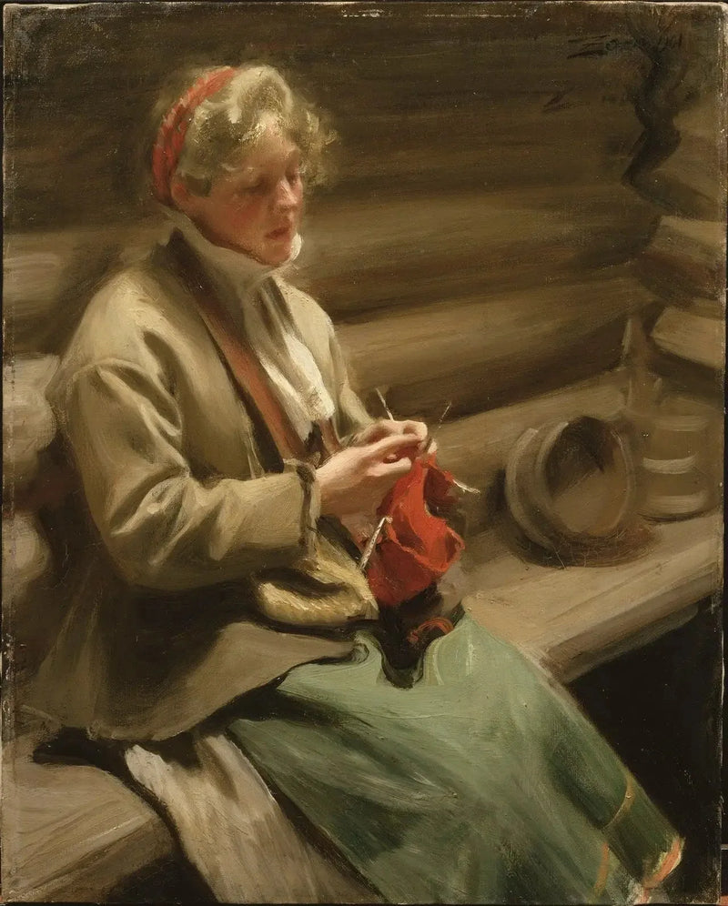 Dalædersk pige, der strikker. Margit med kål - Anders Zorn