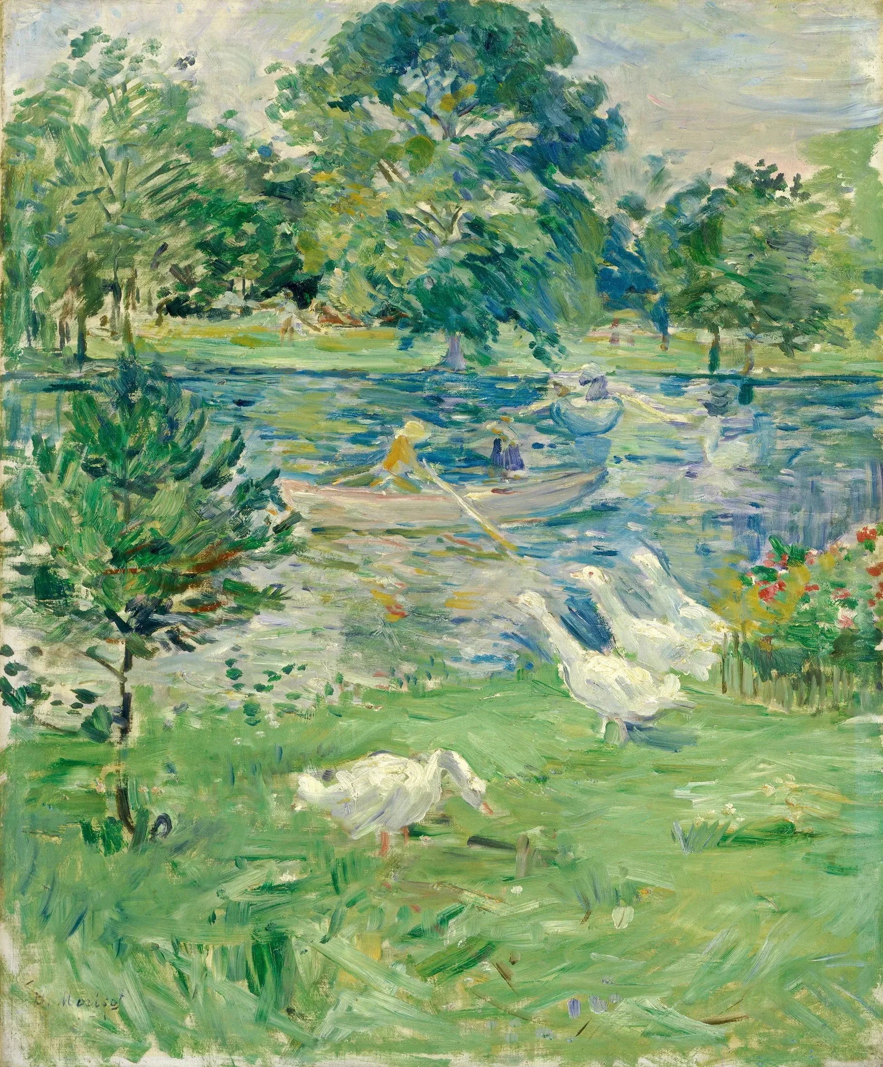 Fille dans un bateau avec des oies - Berthe Morisot image 1 reproduction de peinture à l’huile