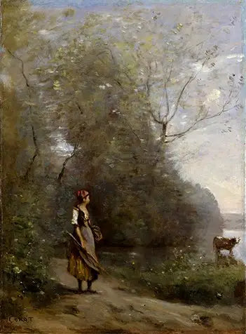 Fille dans une forêt - Jean-Baptiste Camille Corot image 1 reproduction artisanale de tableau