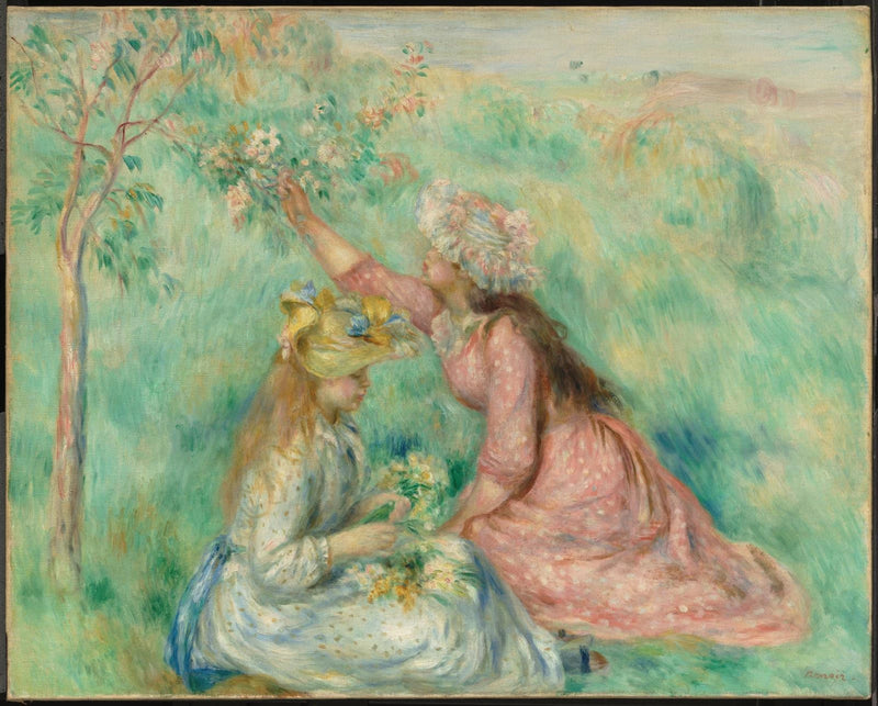 Piger, der plukker blomster i en eng - Pierre-Auguste Renoir