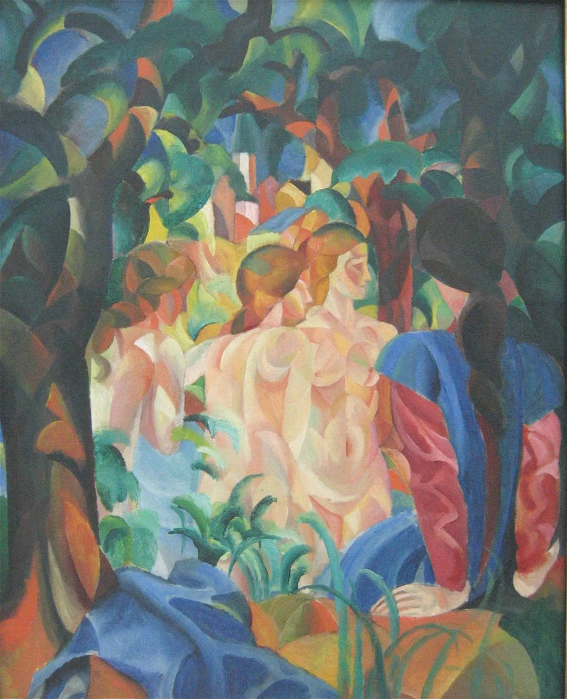 Piger, der bader med byen i baggrunden - August Macke