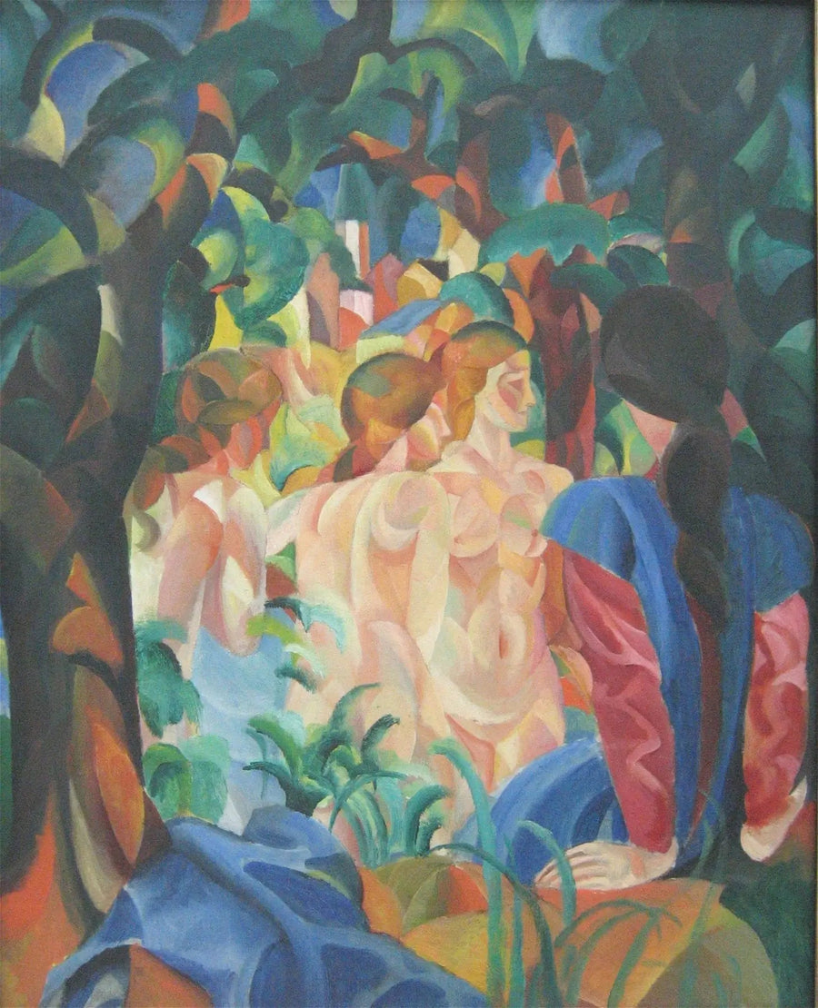 Piger, der bader med byen i baggrunden - August Macke