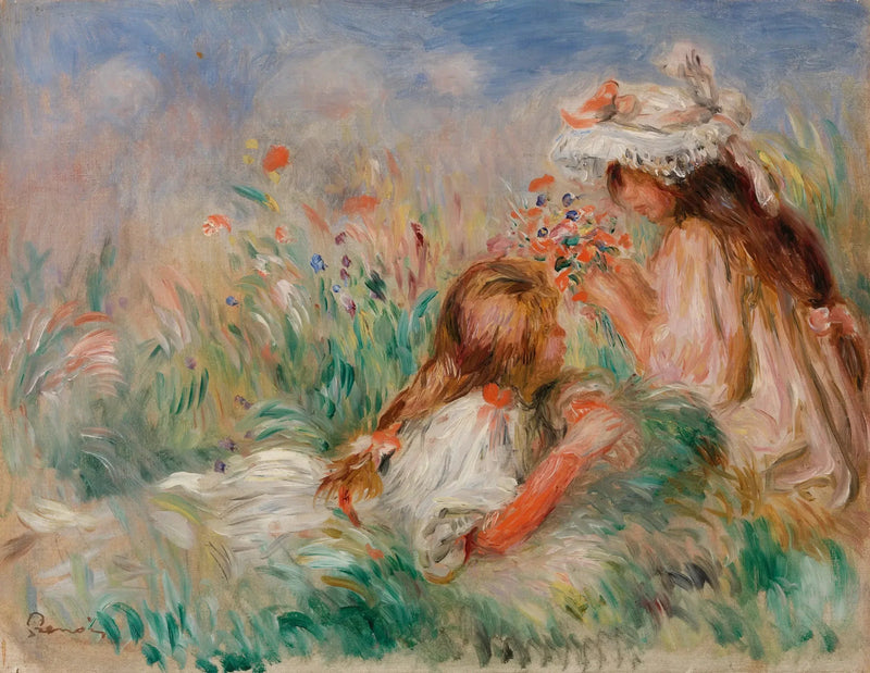 Pige liggende på græsset og ung pige der arrangerer en buket - Pierre-Auguste Renoir