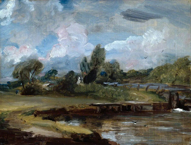 Flatford Lock, en sti ved en flod - John Constable
