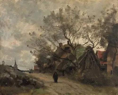 Flesselles. Hytter set gennem træerne ved siden af en vej - Jean-Baptiste Camille Corot