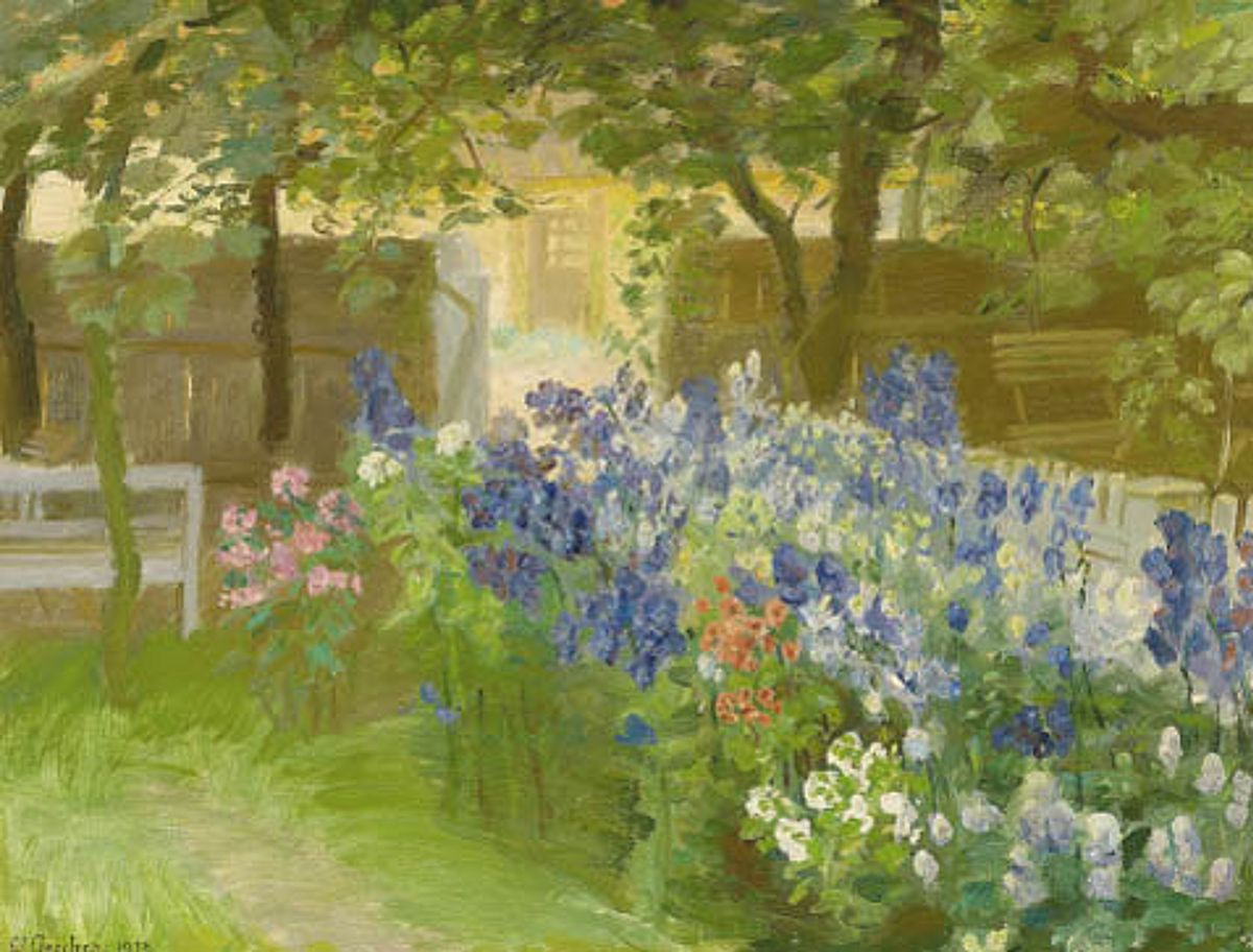 Fleurs dans le jardin de Brøndum, vue vers "Rullestuen". - Anna Ancher image 1 copie de tableau peinte à la main
