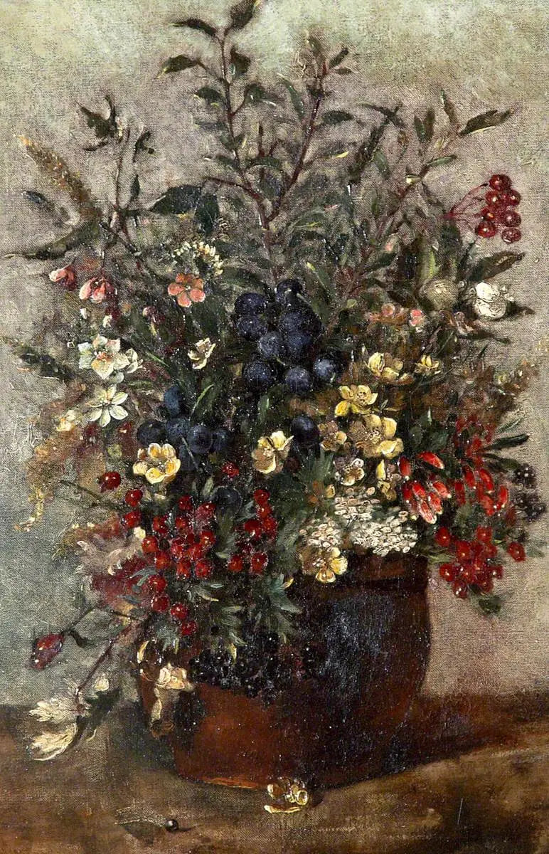 Vilde blomster og bær i en brun pot - John Constable
