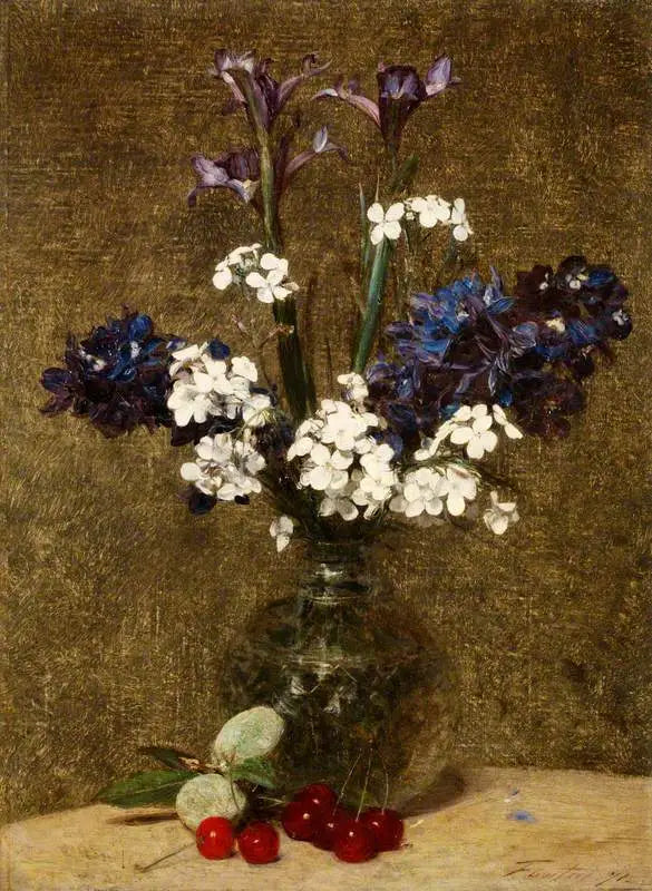 Blomster: Iris og Jacinther, med kirsebær og mandler på bordet - Henri Fantin-Latour