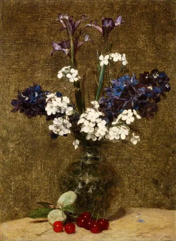 Blomster: Iris og Jacinther, med kirsebær og mandler på bordet - Henri Fantin-Latour